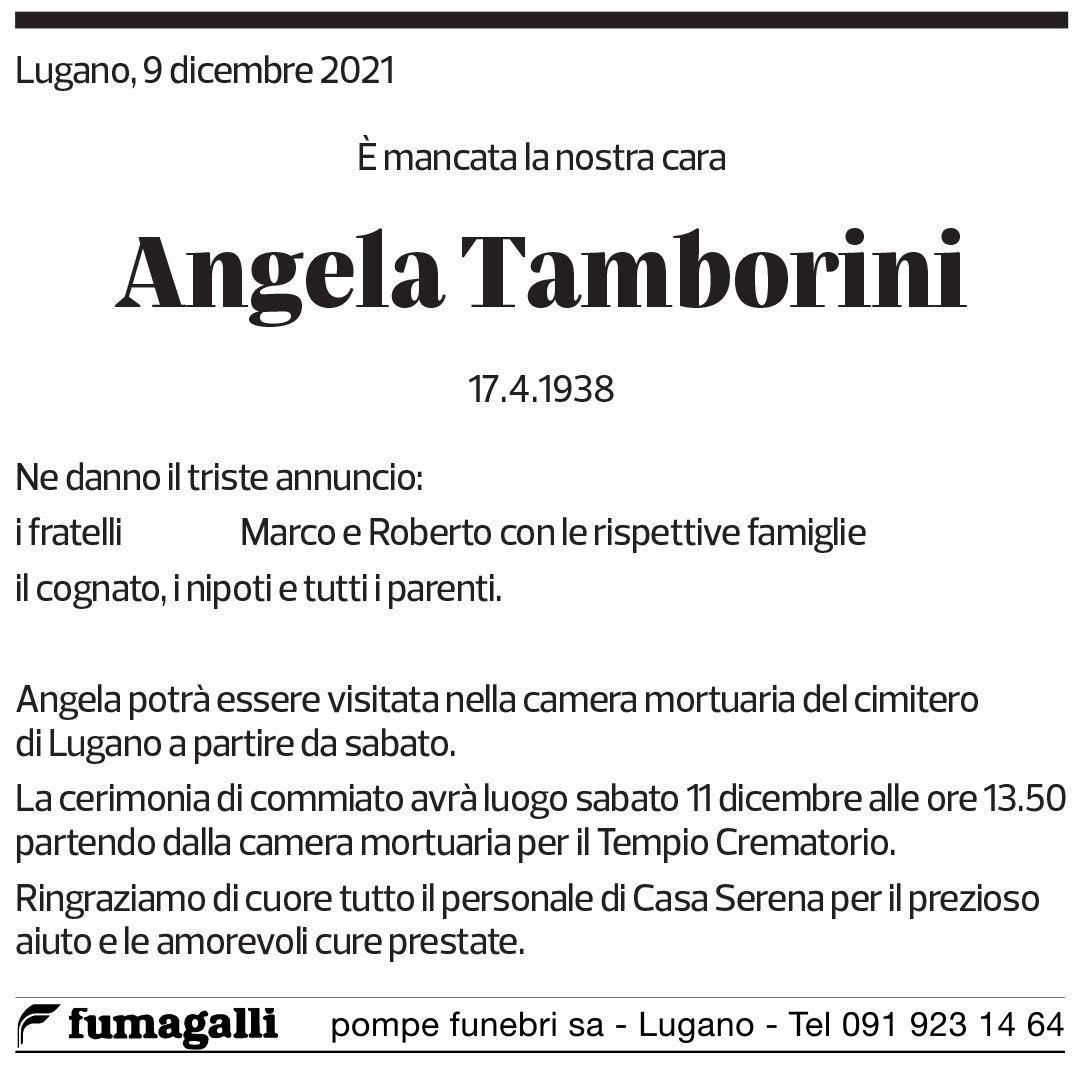 Annuncio funebre Angela Tamborini