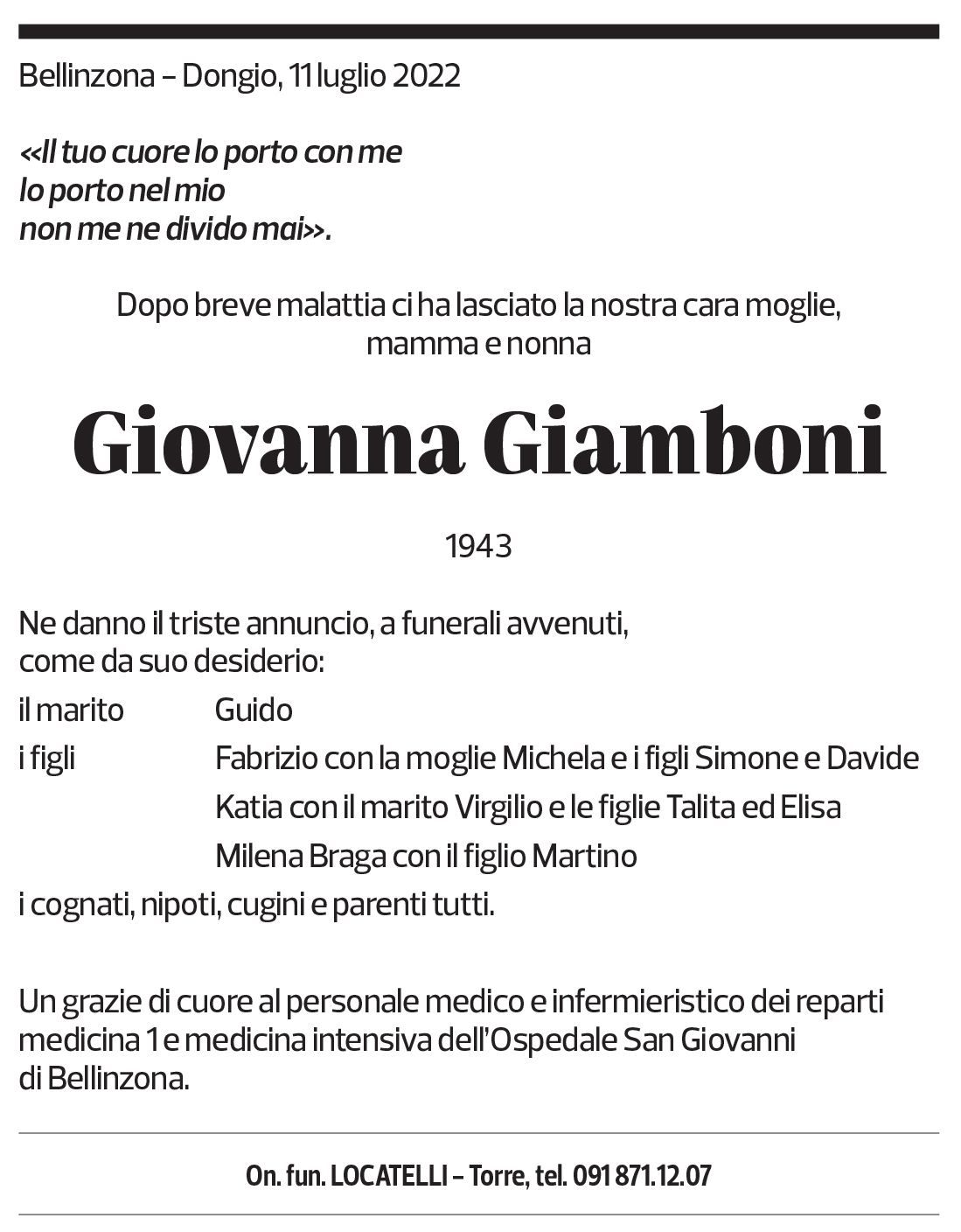 Annuncio funebre Giovanna Giamboni