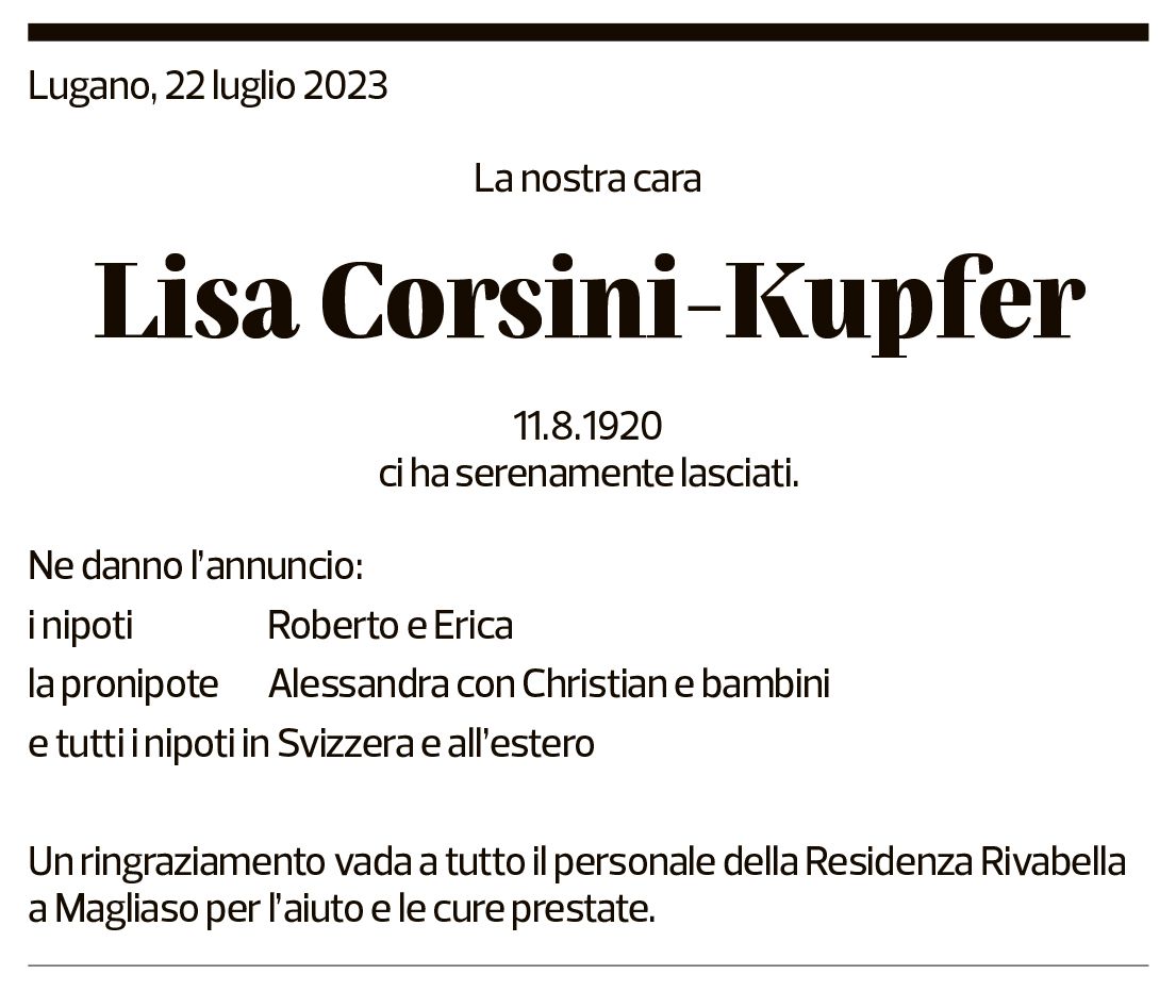 Annuncio funebre Lisa Corsini-kupfer