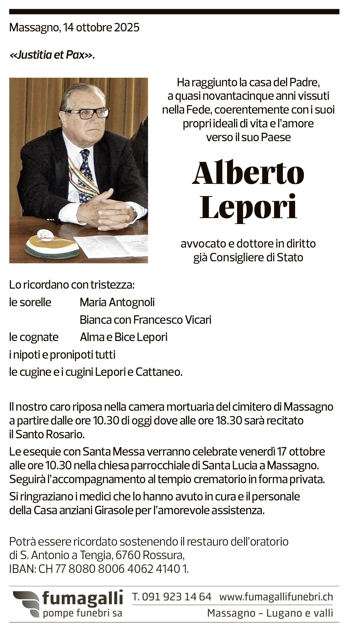 Annuncio funebre Alberto Lepori