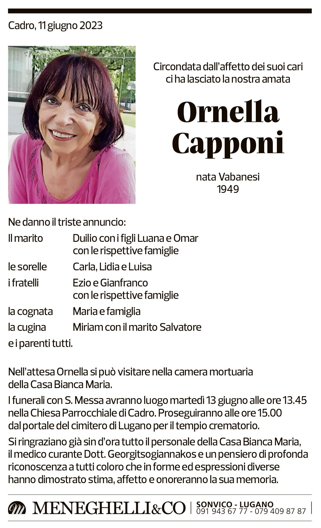 Annuncio funebre Ornella Capponi