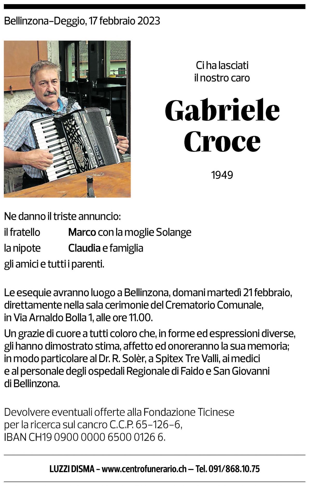 Annuncio funebre Gabriele Croce