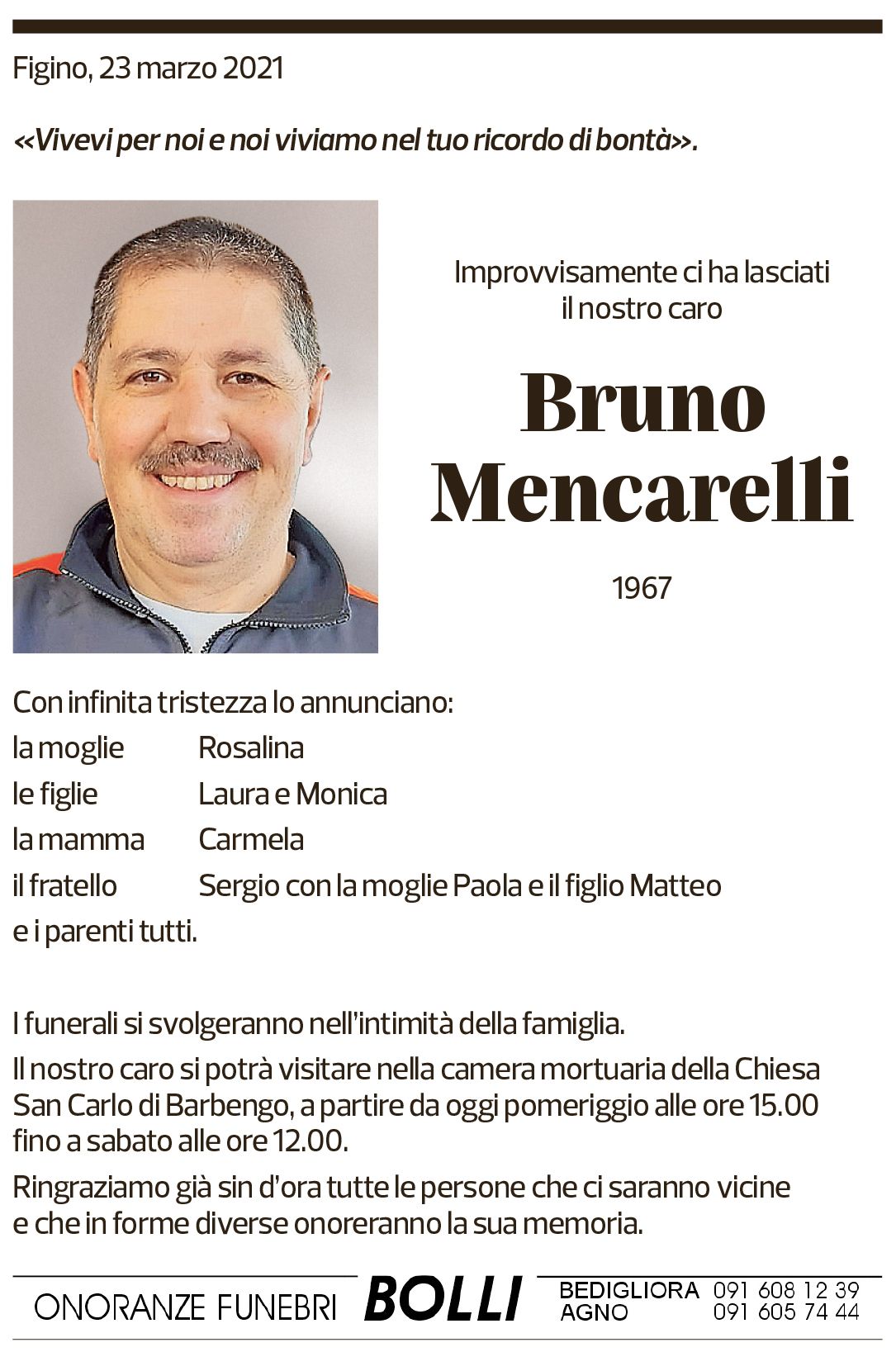 Annuncio funebre Bruno Mencarelli