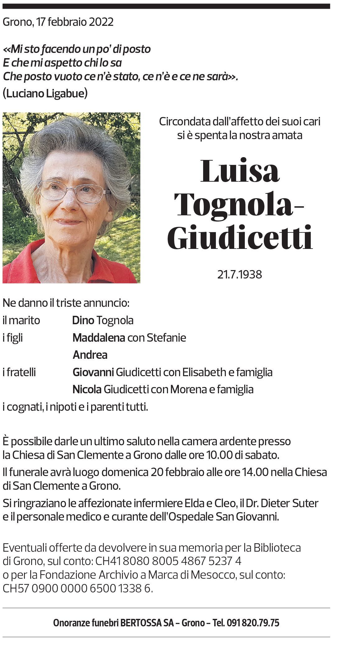 Annuncio funebre Luisa Tognola-giudicetti