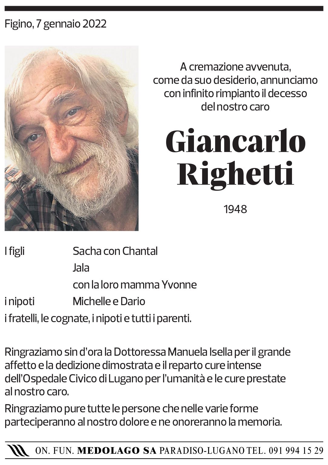 Annuncio funebre Giancarlo Righetti