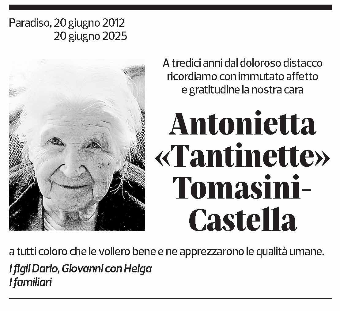 Annuncio funebre Antonietta Tomasini-castella