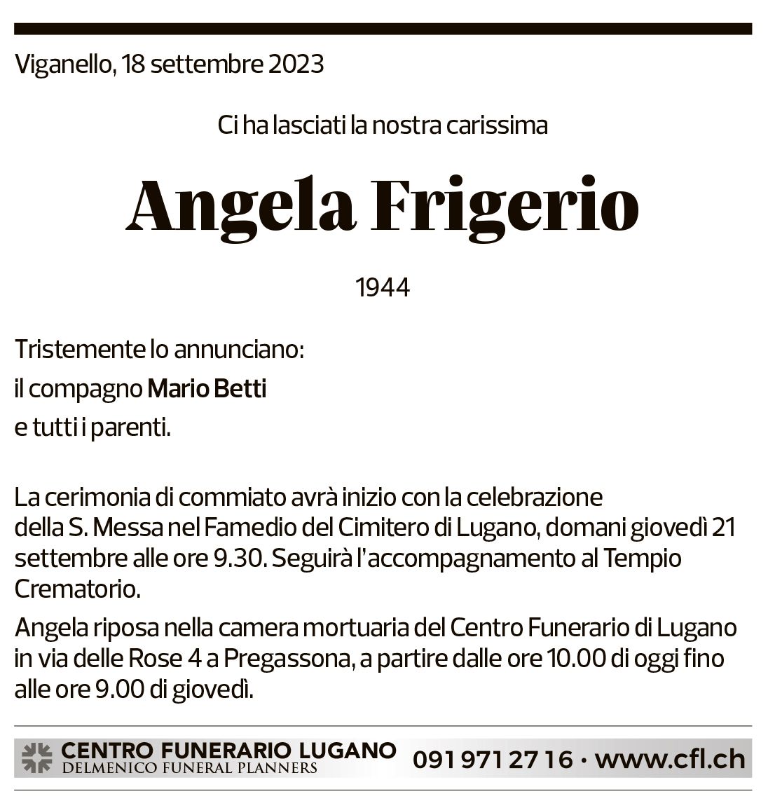 Annuncio funebre Angela Frigerio