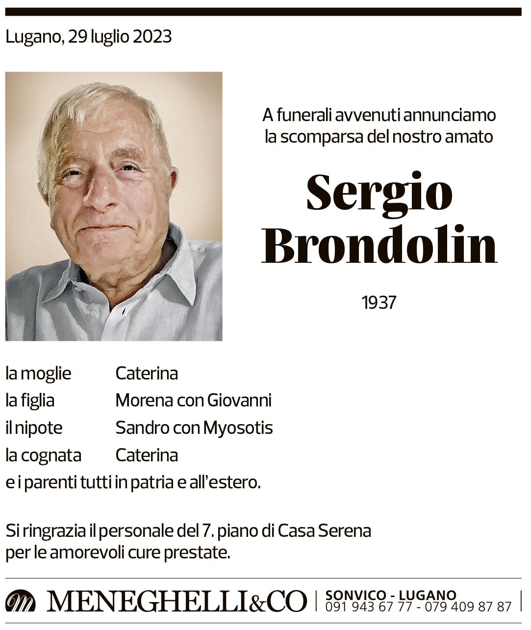 Annuncio funebre Sergio Brondolin