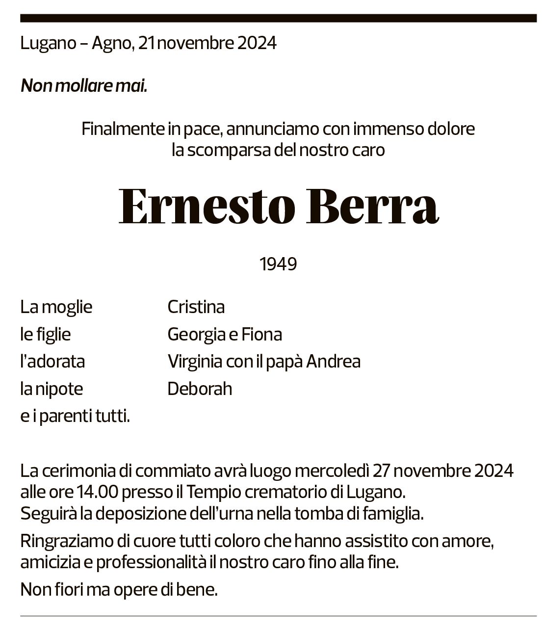 Annuncio funebre Ernesto Berra