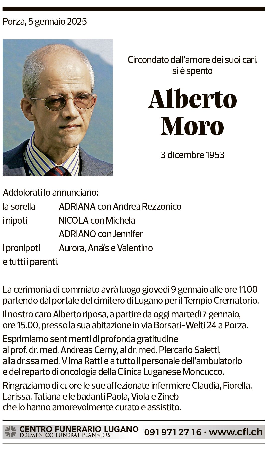 Annuncio funebre Alberto Moro