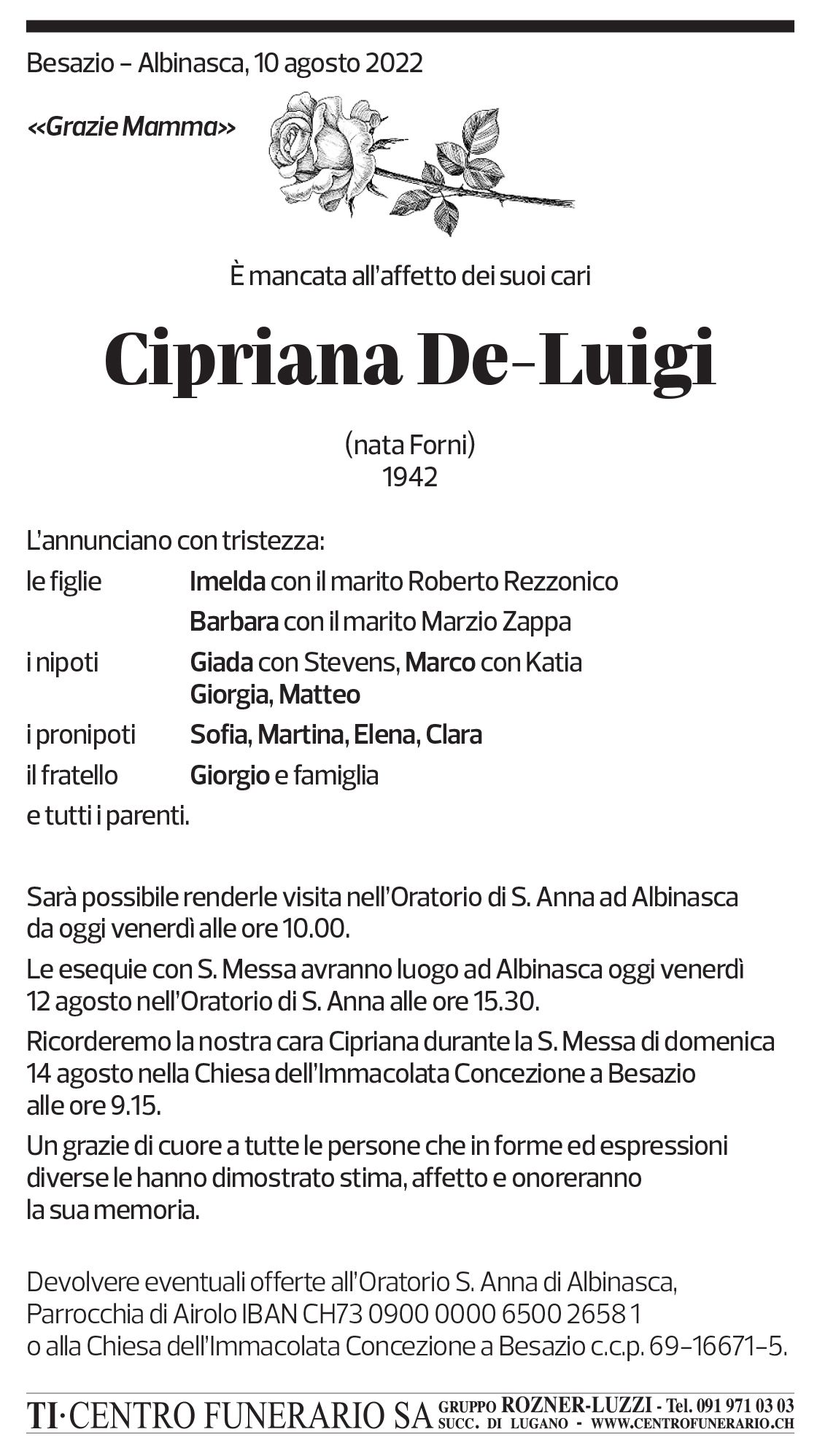 Annuncio funebre Cipriana De-luigi