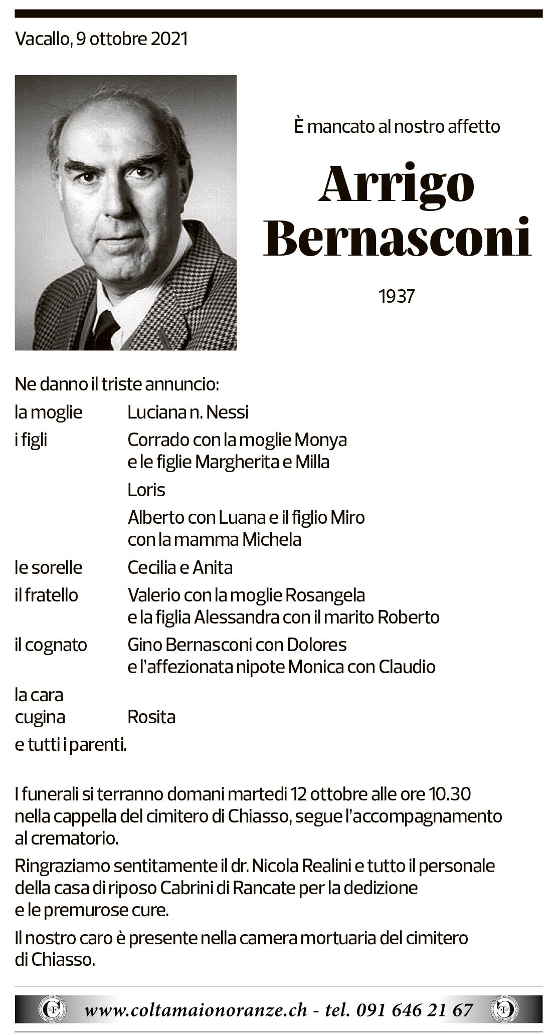 Annuncio funebre Arrigo Bernasconi