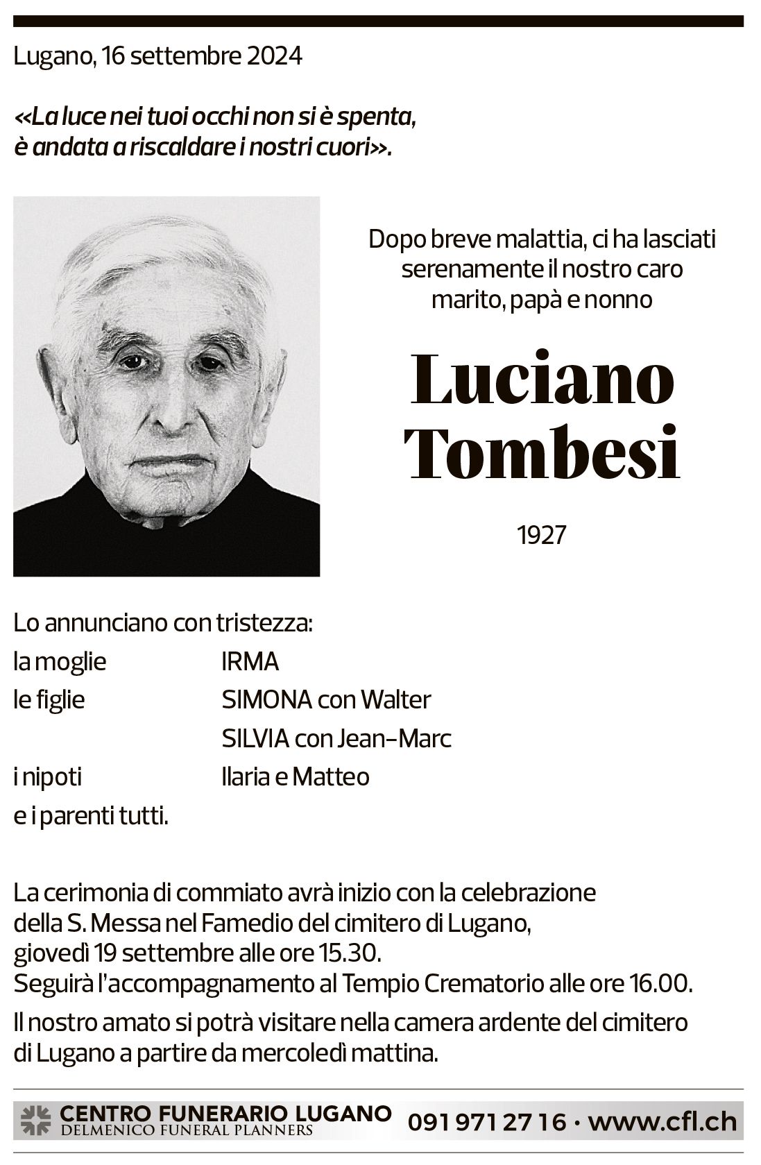 Annuncio funebre Luciano Tombesi