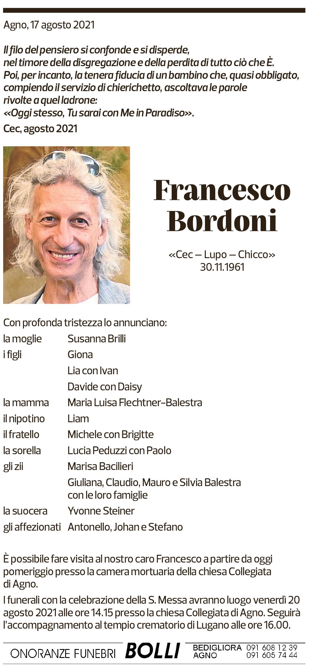 Annuncio funebre Francesco Bordoni