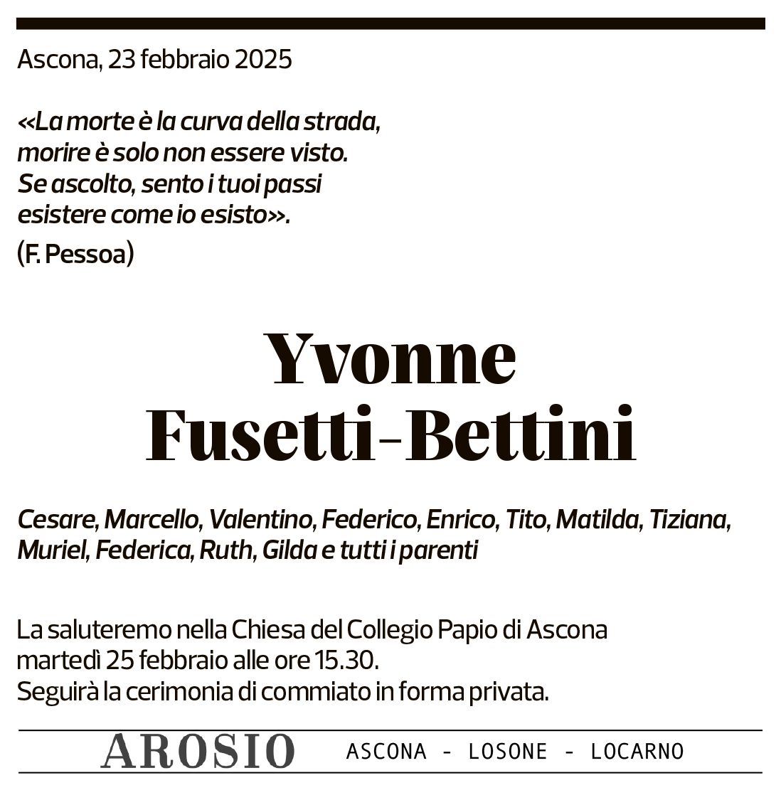 Annuncio funebre Yvonne Fusetti-bettini