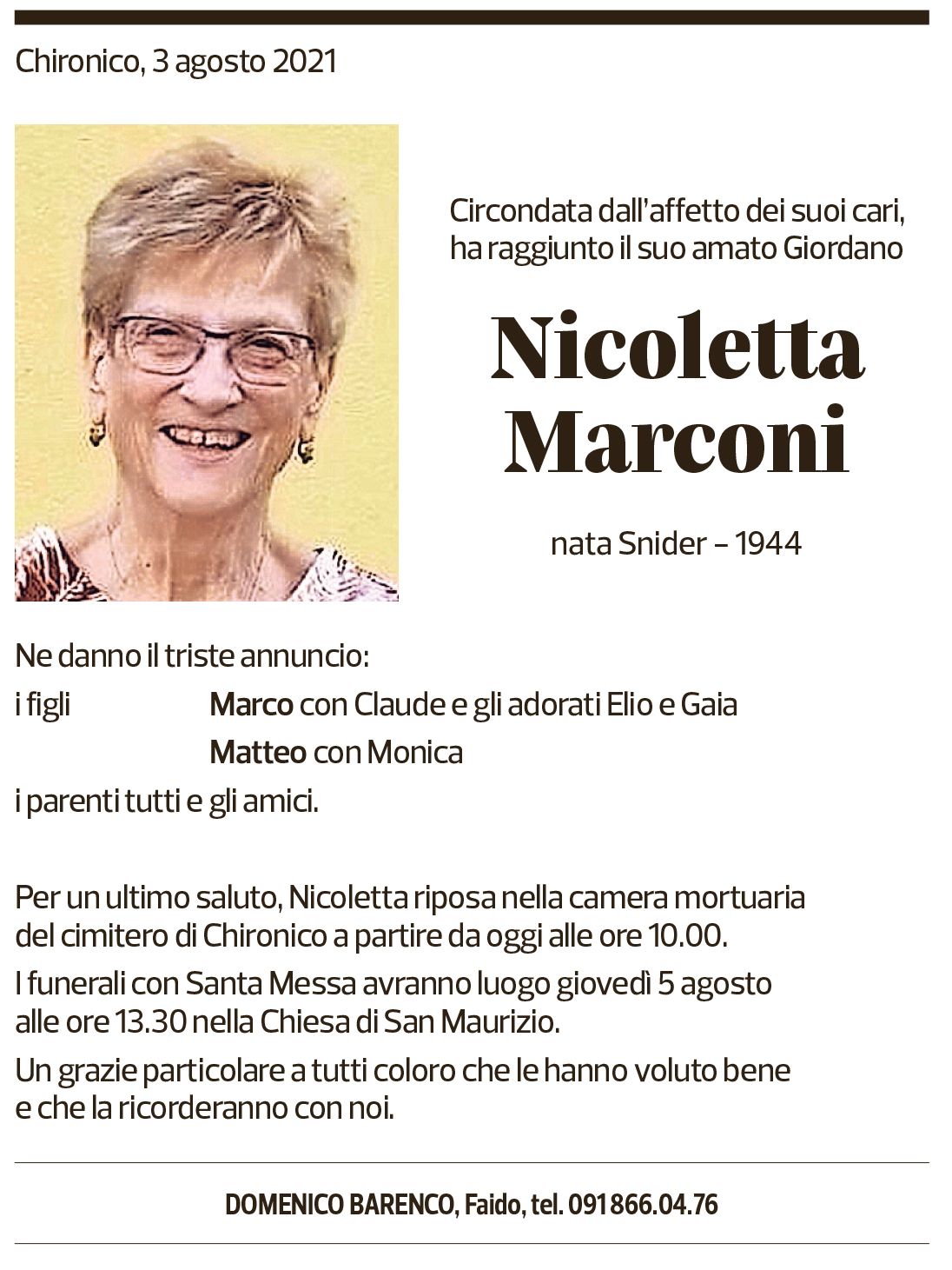 Annuncio funebre Nicoletta Marconi