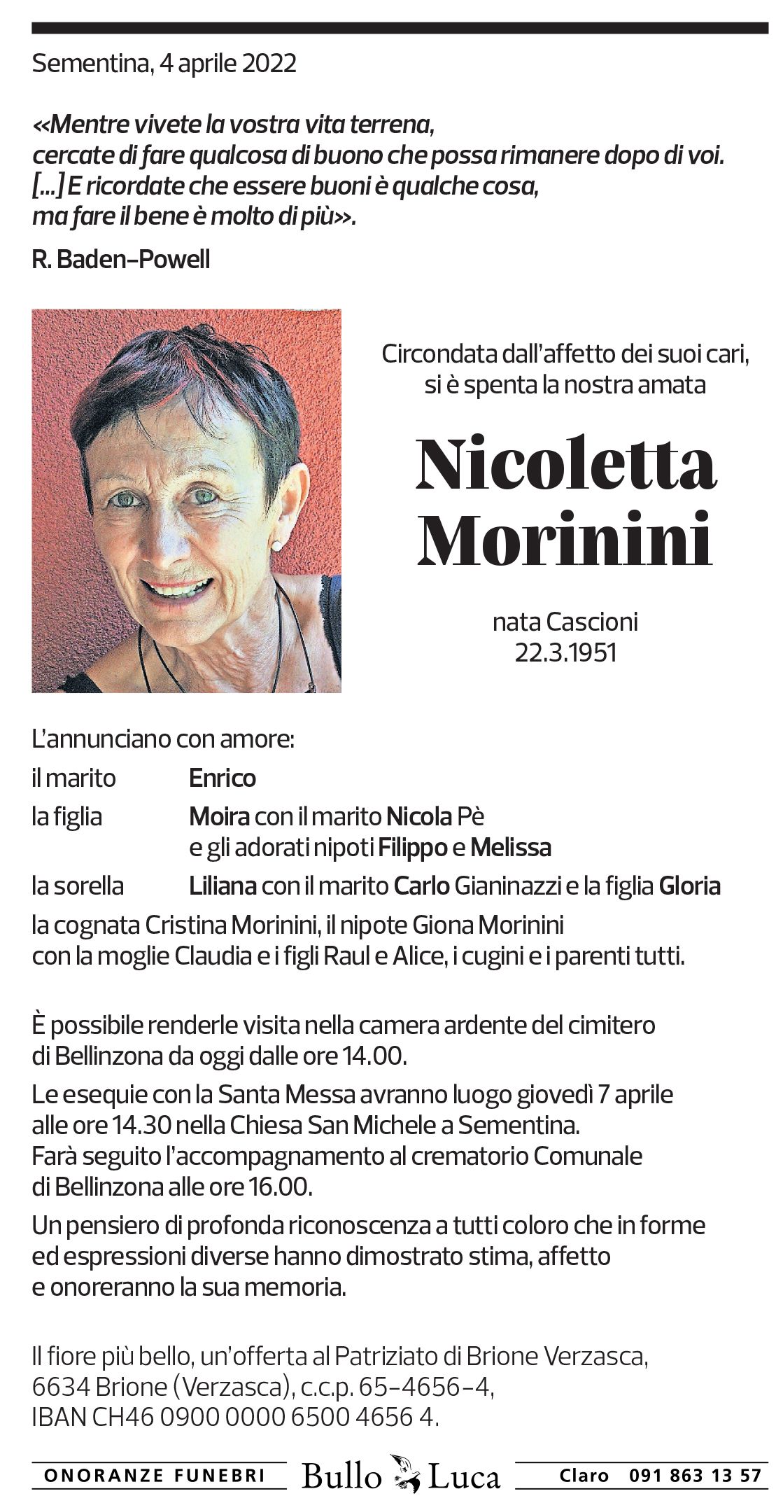 Annuncio funebre Nicoletta Morinini