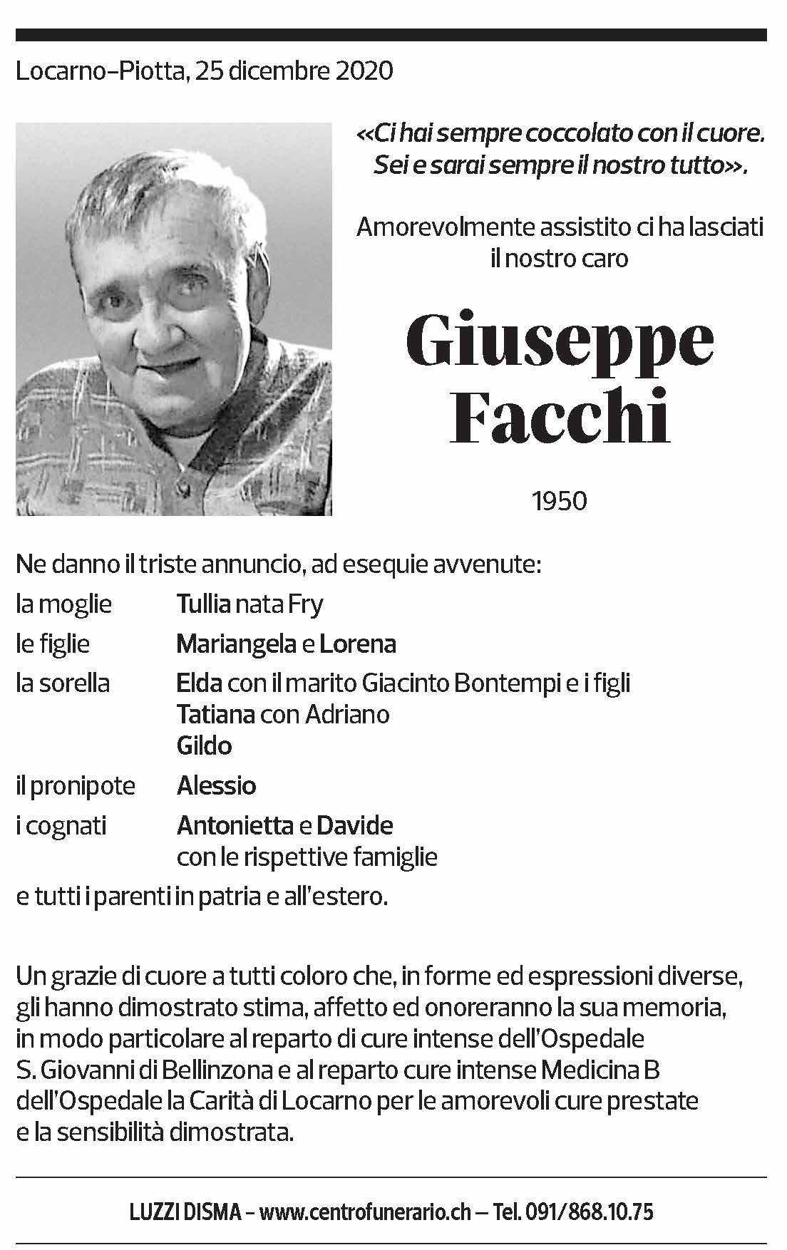 Annuncio funebre Giuseppe Facchi
