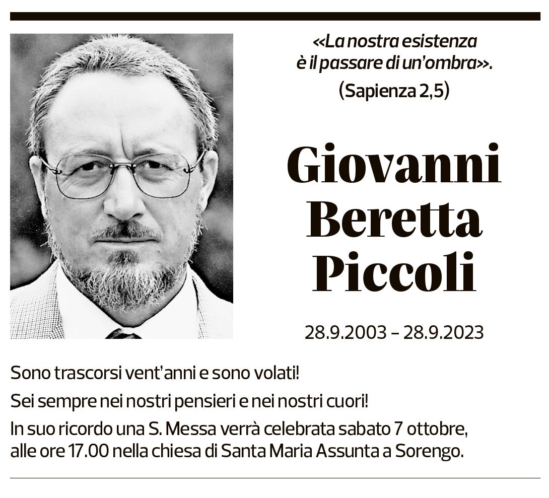 Annuncio funebre Giovanni Beretta Piccoli