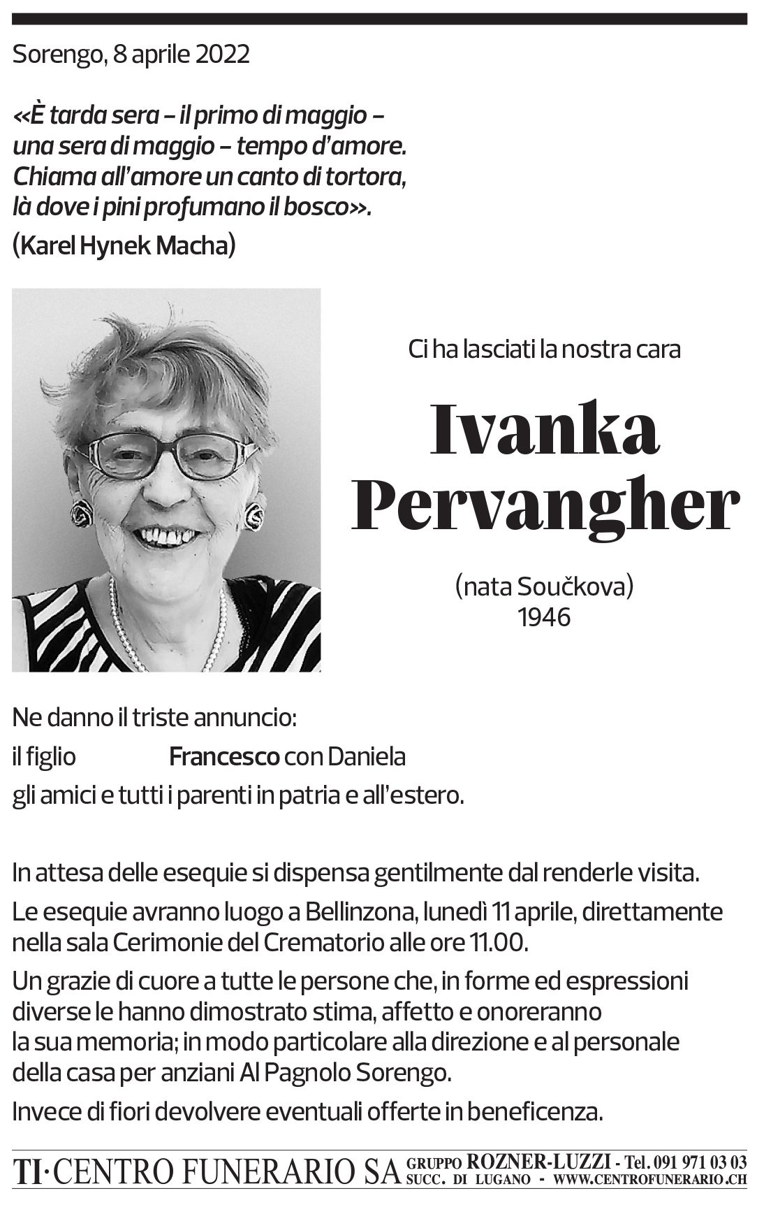 Annuncio funebre Ivanka Pervangher