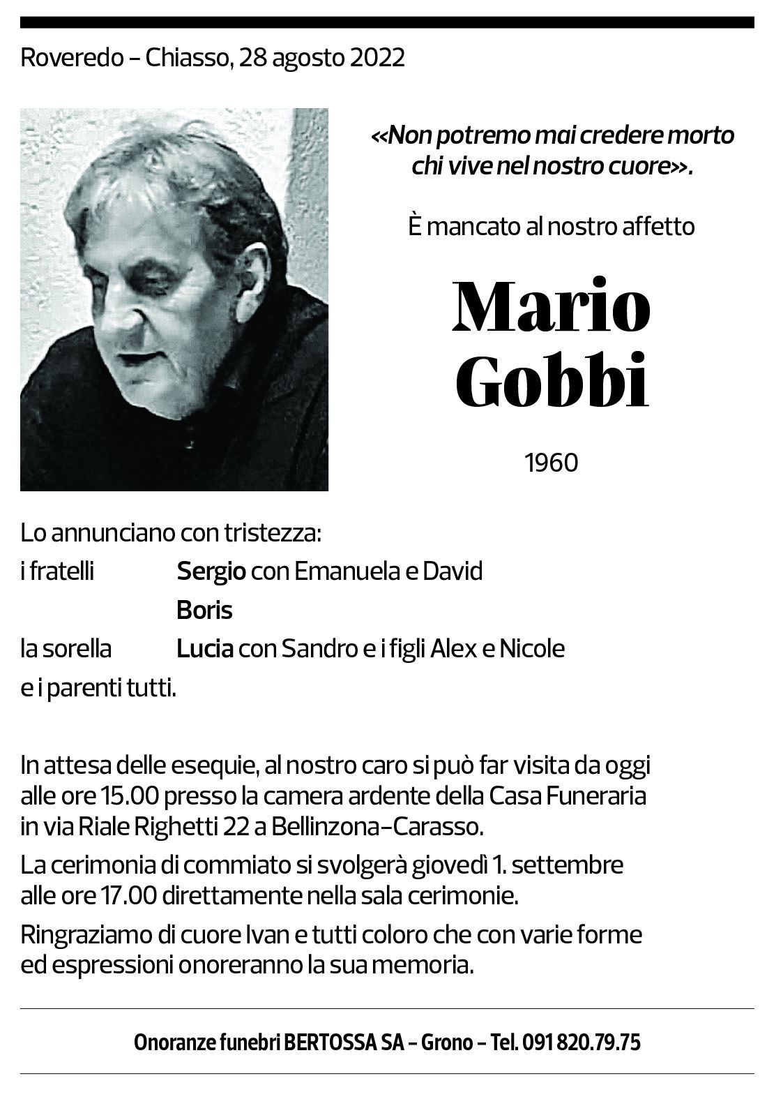 Annuncio funebre Mario Gobbi