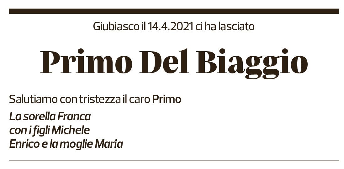 Annuncio funebre Primo Del Biaggio