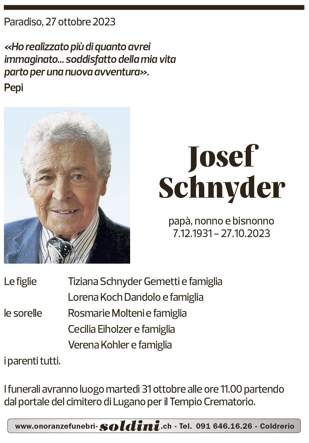 Annuncio funebre Josef Schnyder