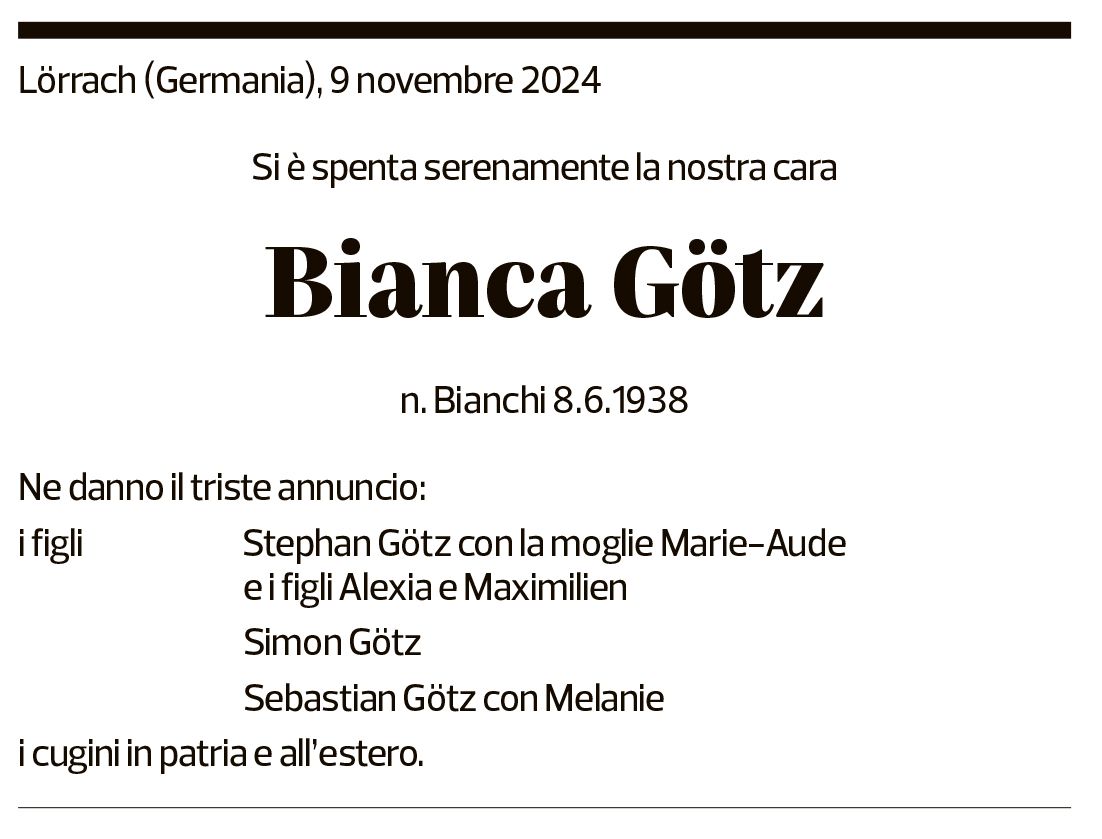 Annuncio funebre Bianca Götz