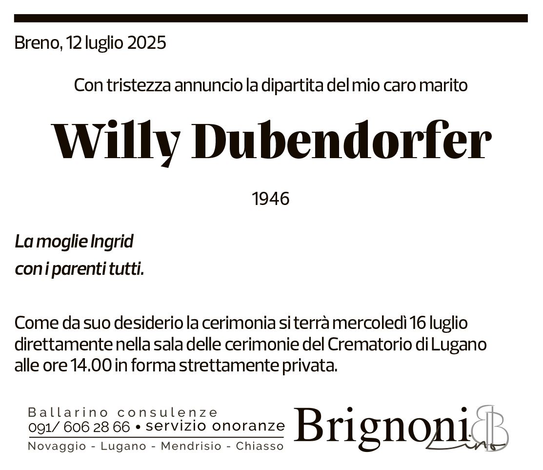 Annuncio funebre Willy Dubendorfer