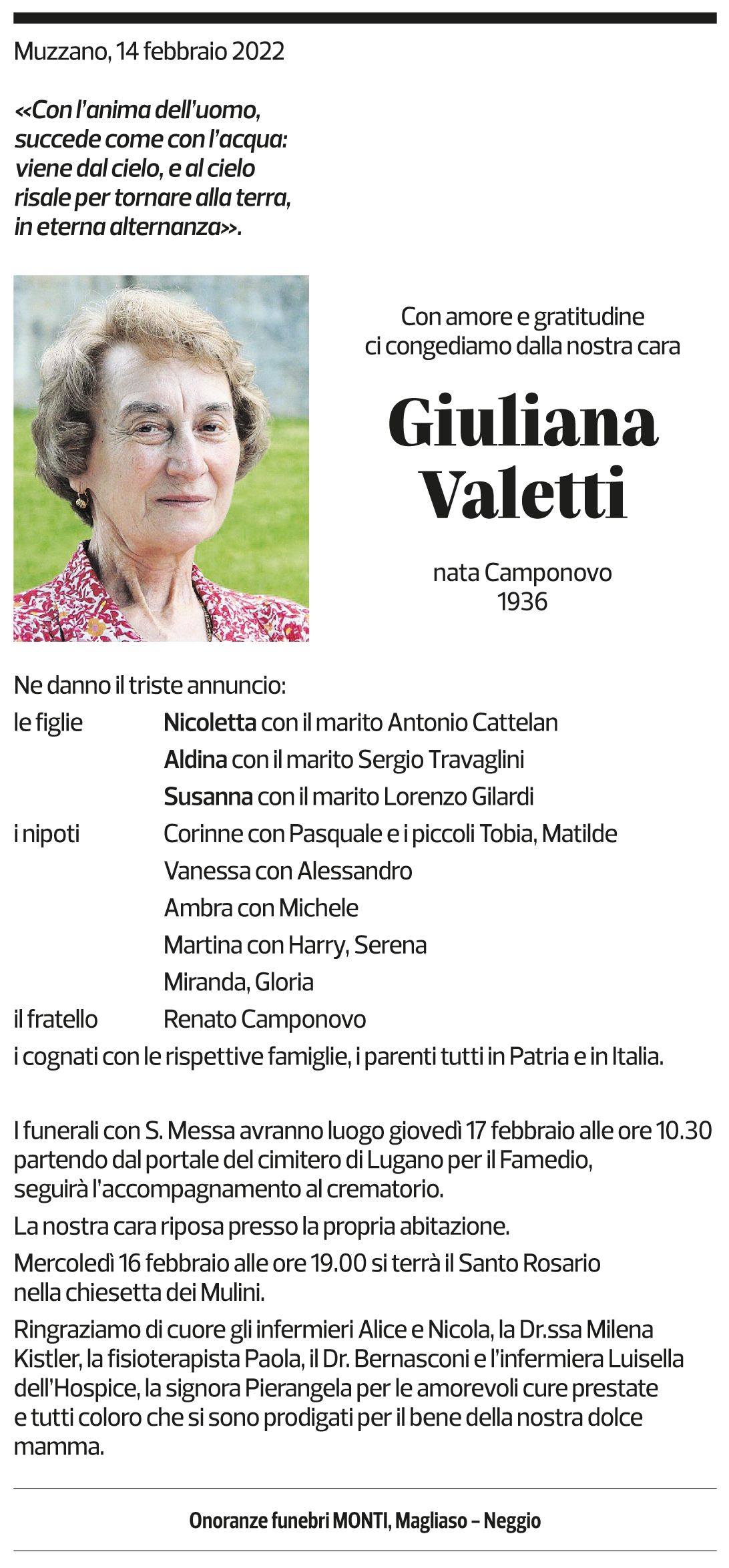 Annuncio funebre Giuliana Valetti