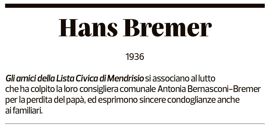 Annuncio funebre Hans Bremer