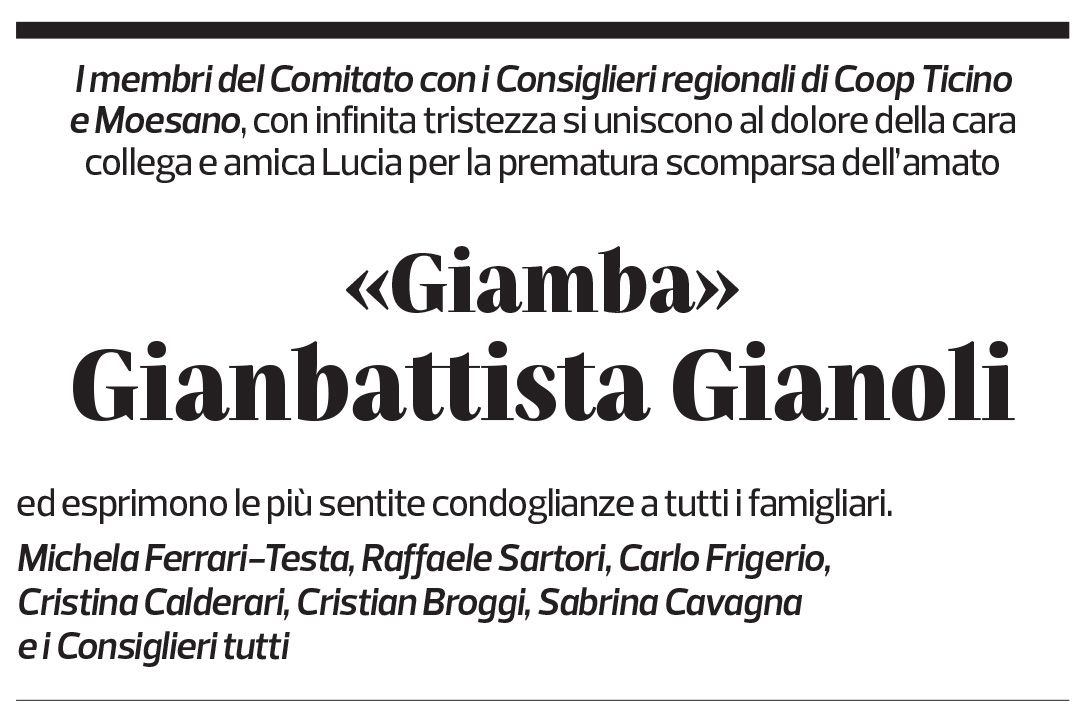 Annuncio funebre Gianbattista Gianoli