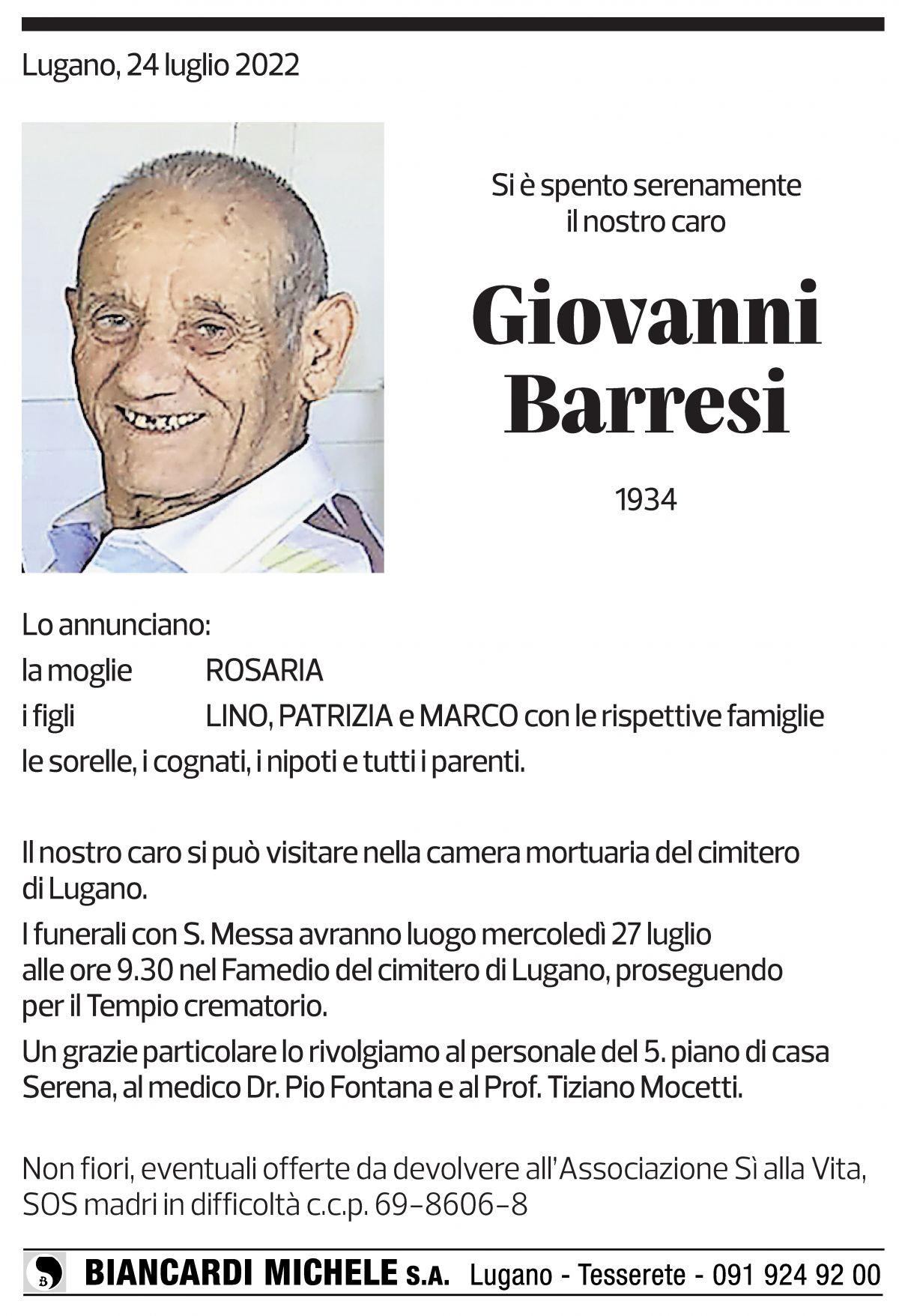 Annuncio funebre Giovanni Barresi