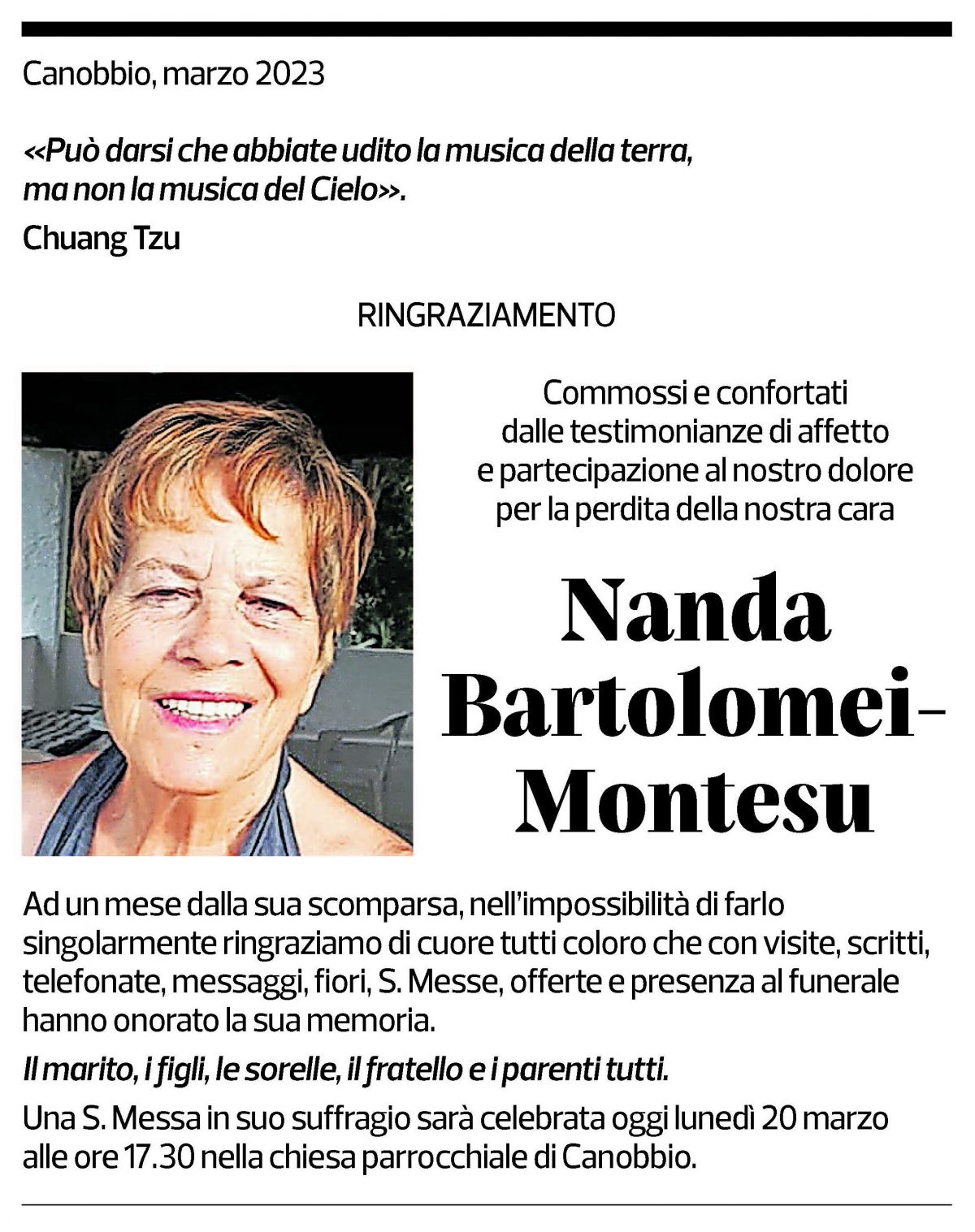 Annuncio funebre Nanda Bartolomei - Montesu