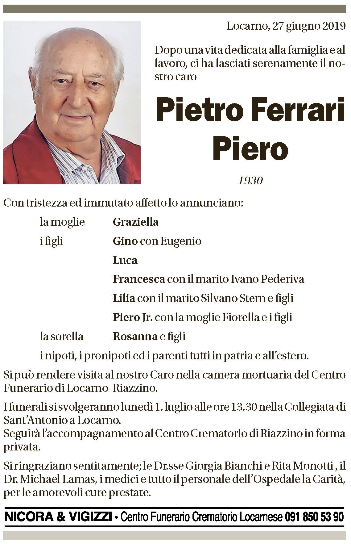 Annuncio funebre Pietro Ferrari Piero