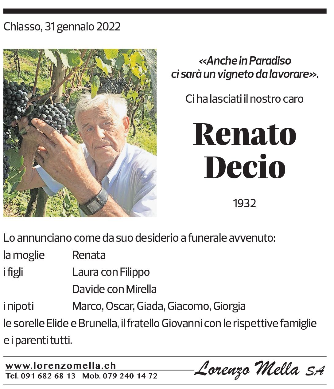 Annuncio funebre Renato Decio