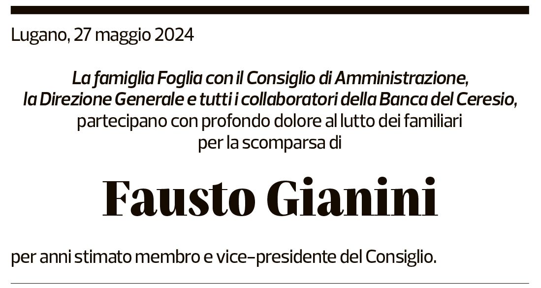 Annuncio funebre Fausto Gianini