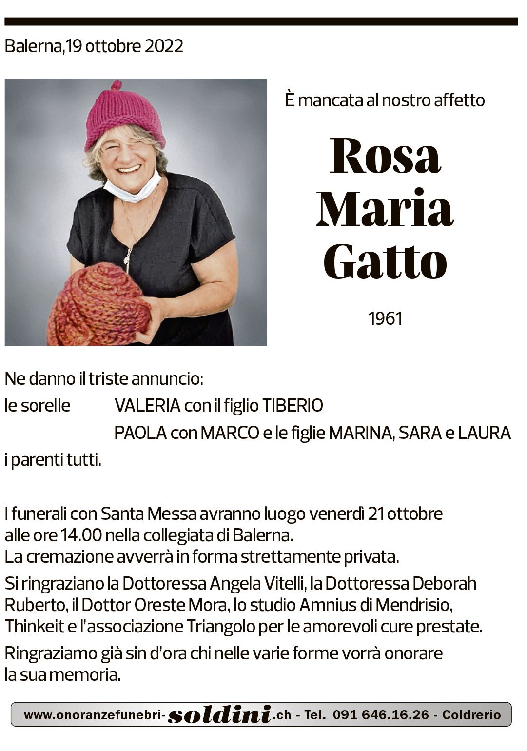 Annuncio funebre Rosa Maria Gatto