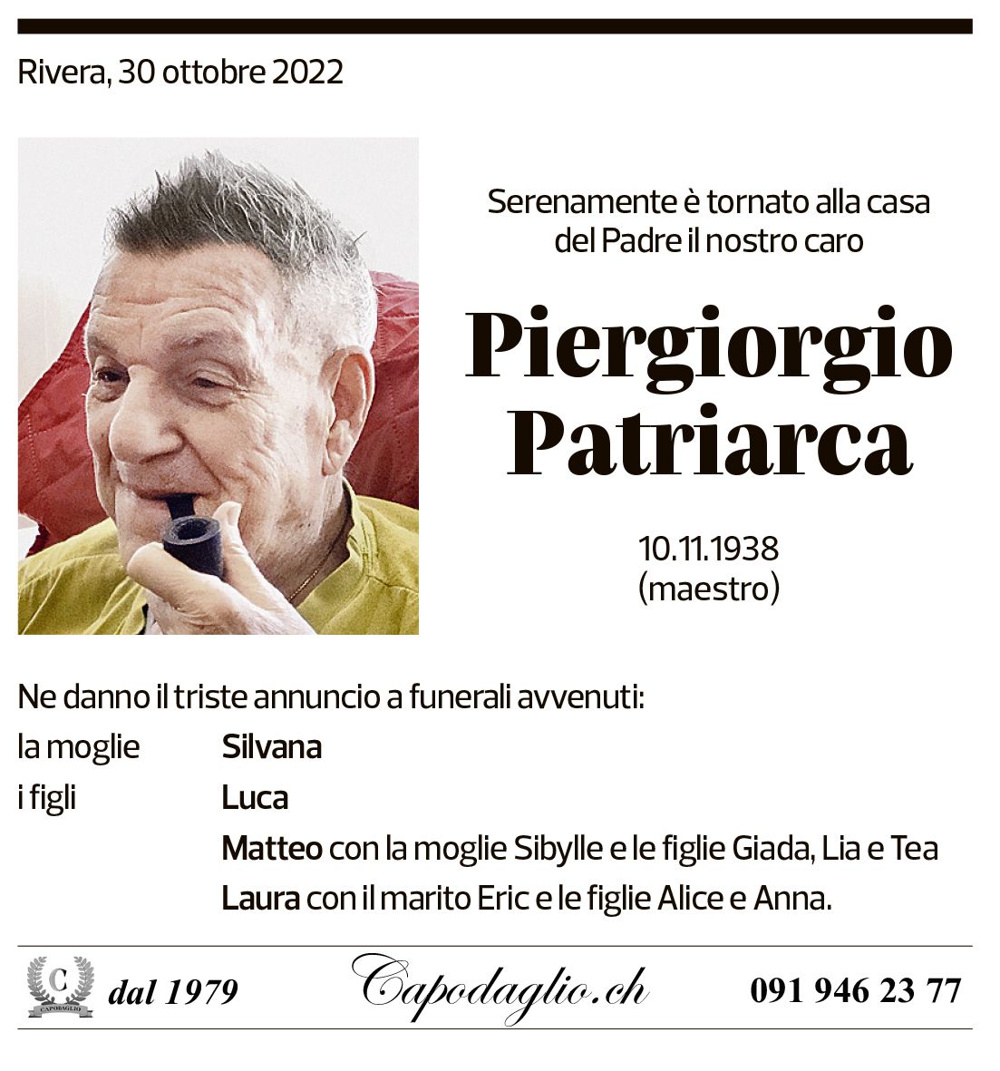 Annuncio funebre Piergiorgio Patriarca