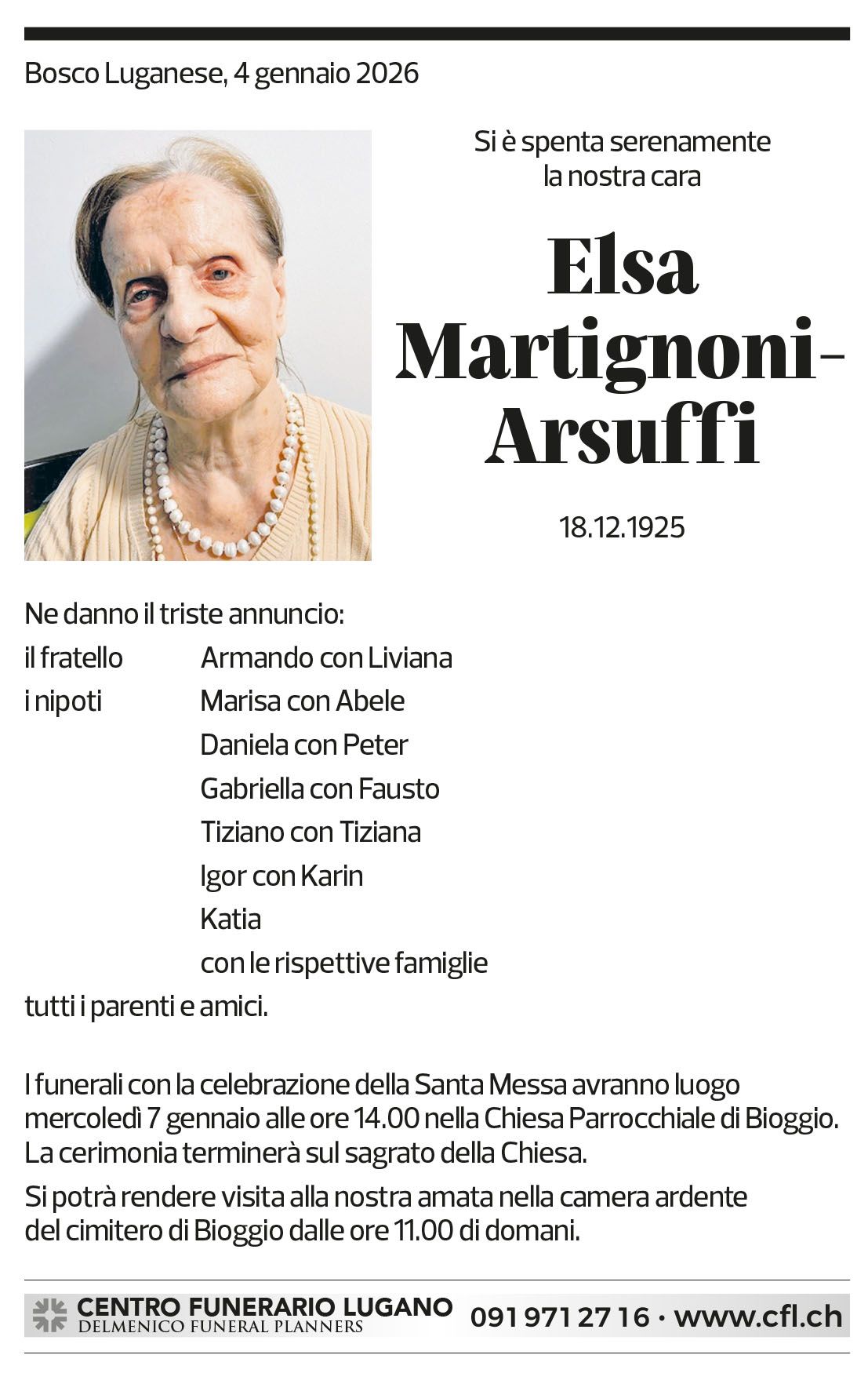 Annuncio funebre Elsa Martignoni-arsuffi