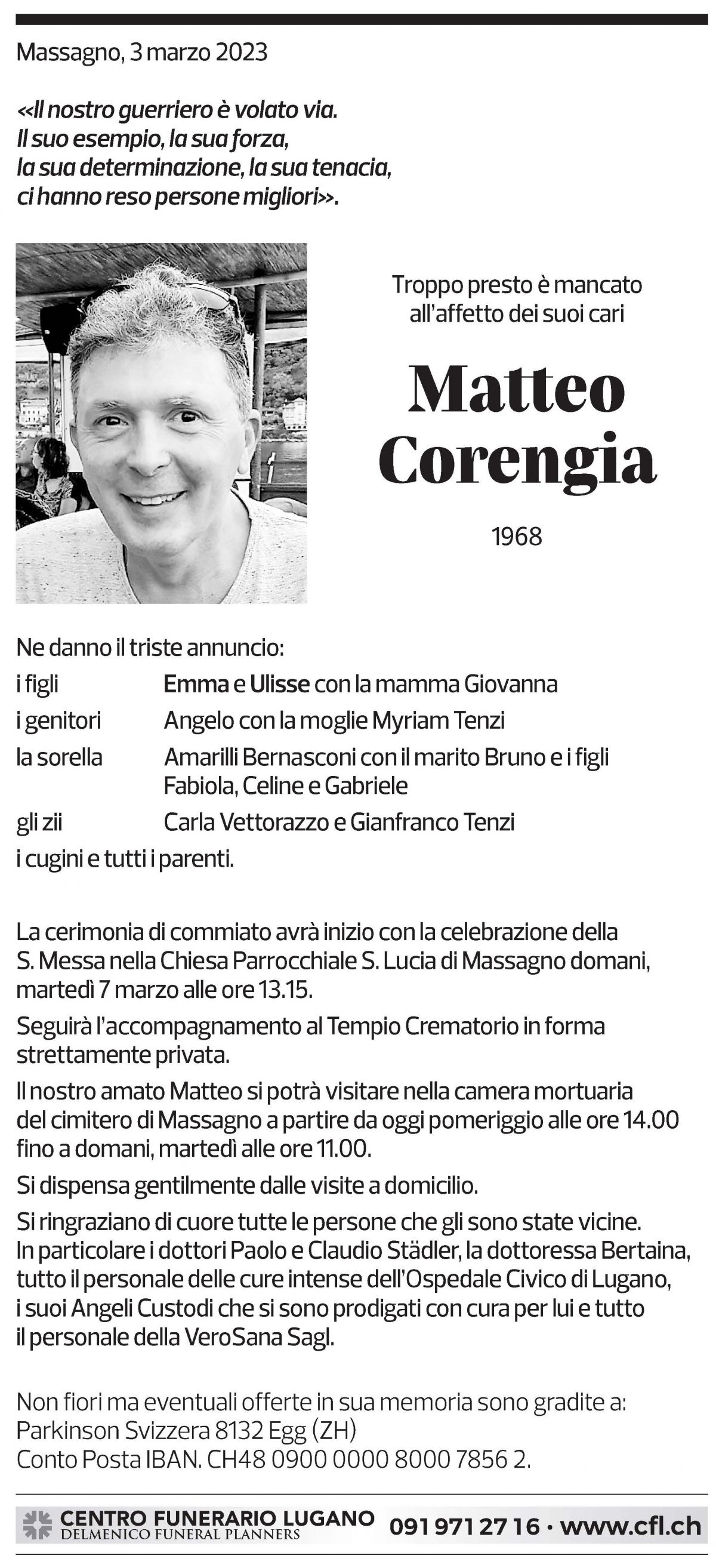 Annuncio funebre Matteo Corengia