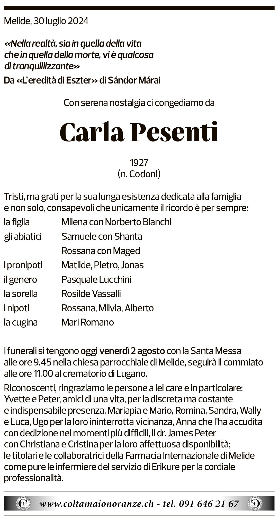 Annuncio funebre Carla Pesenti