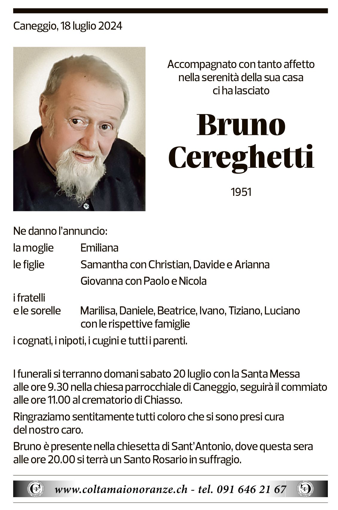 Annuncio funebre Bruno Cereghetti