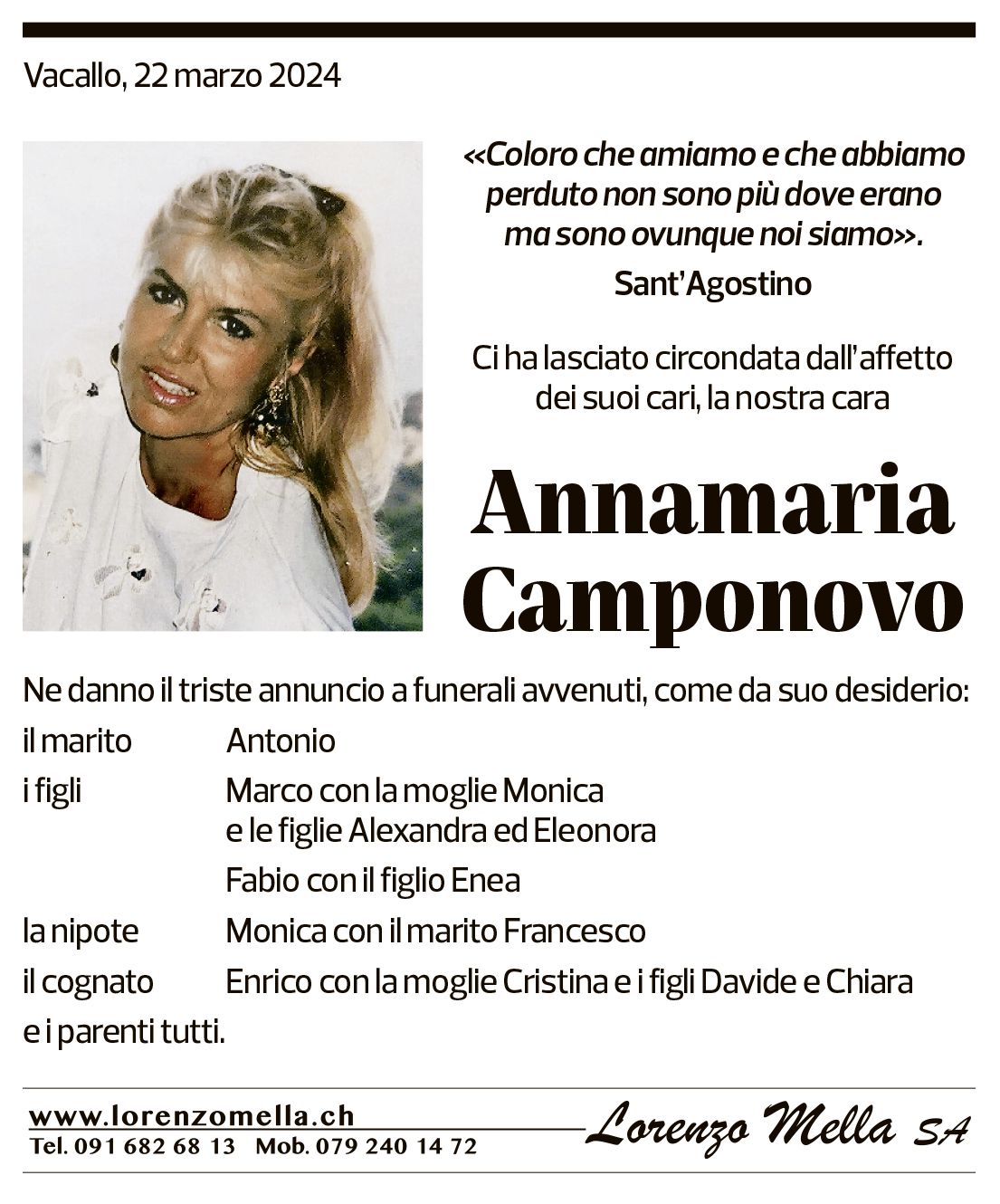 Annuncio funebre Annamaria Camponovo