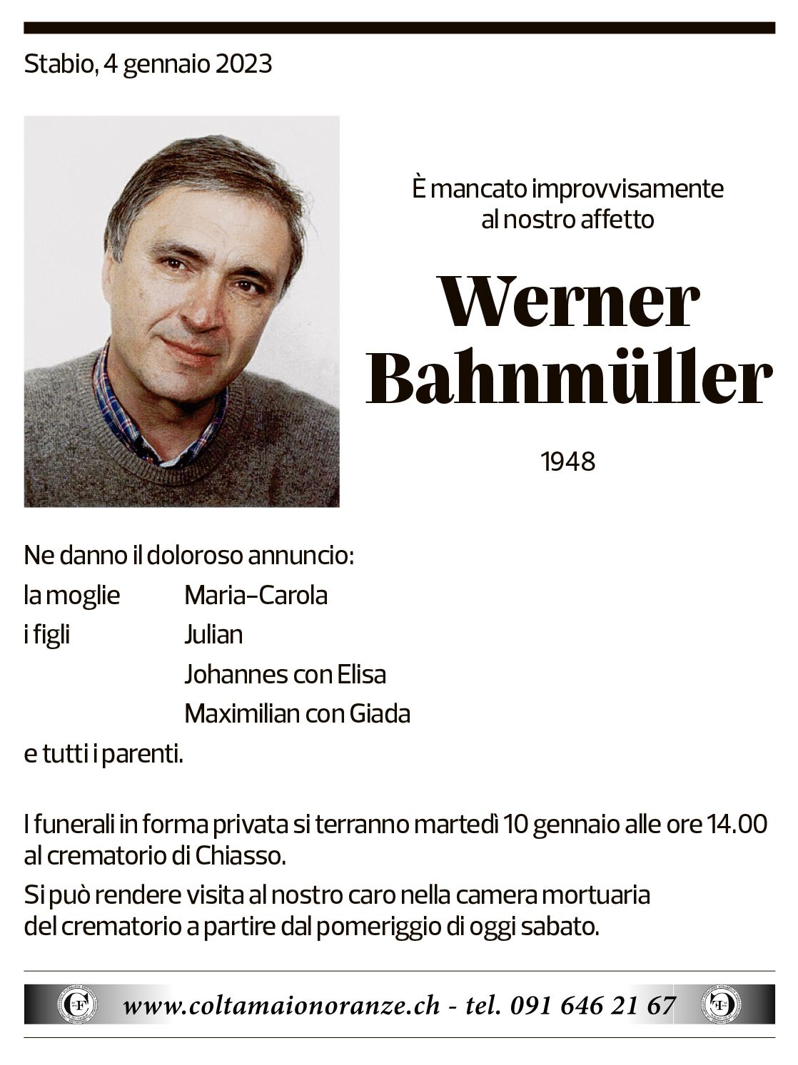 Annuncio funebre Werner Bahnmüller