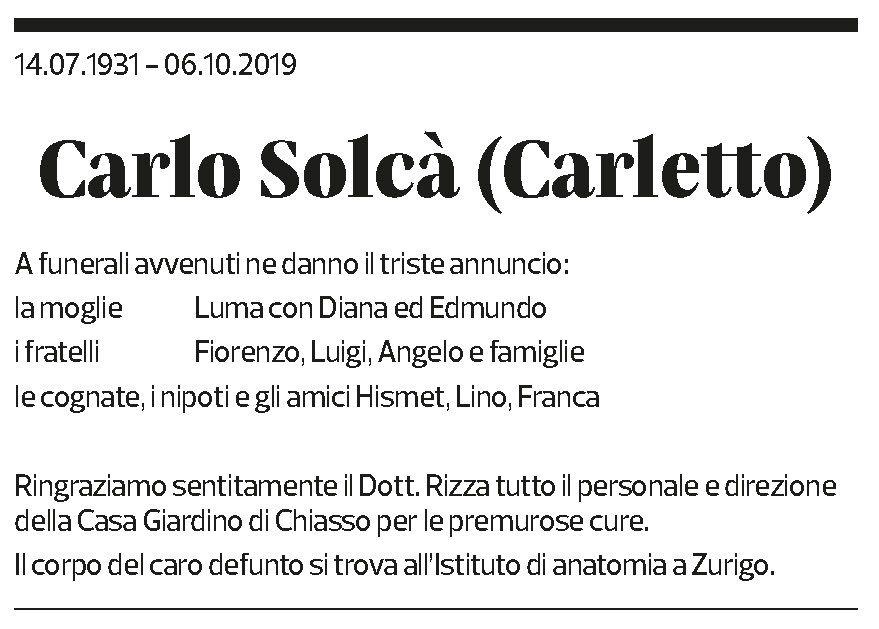 Annuncio funebre Carlo Solcà