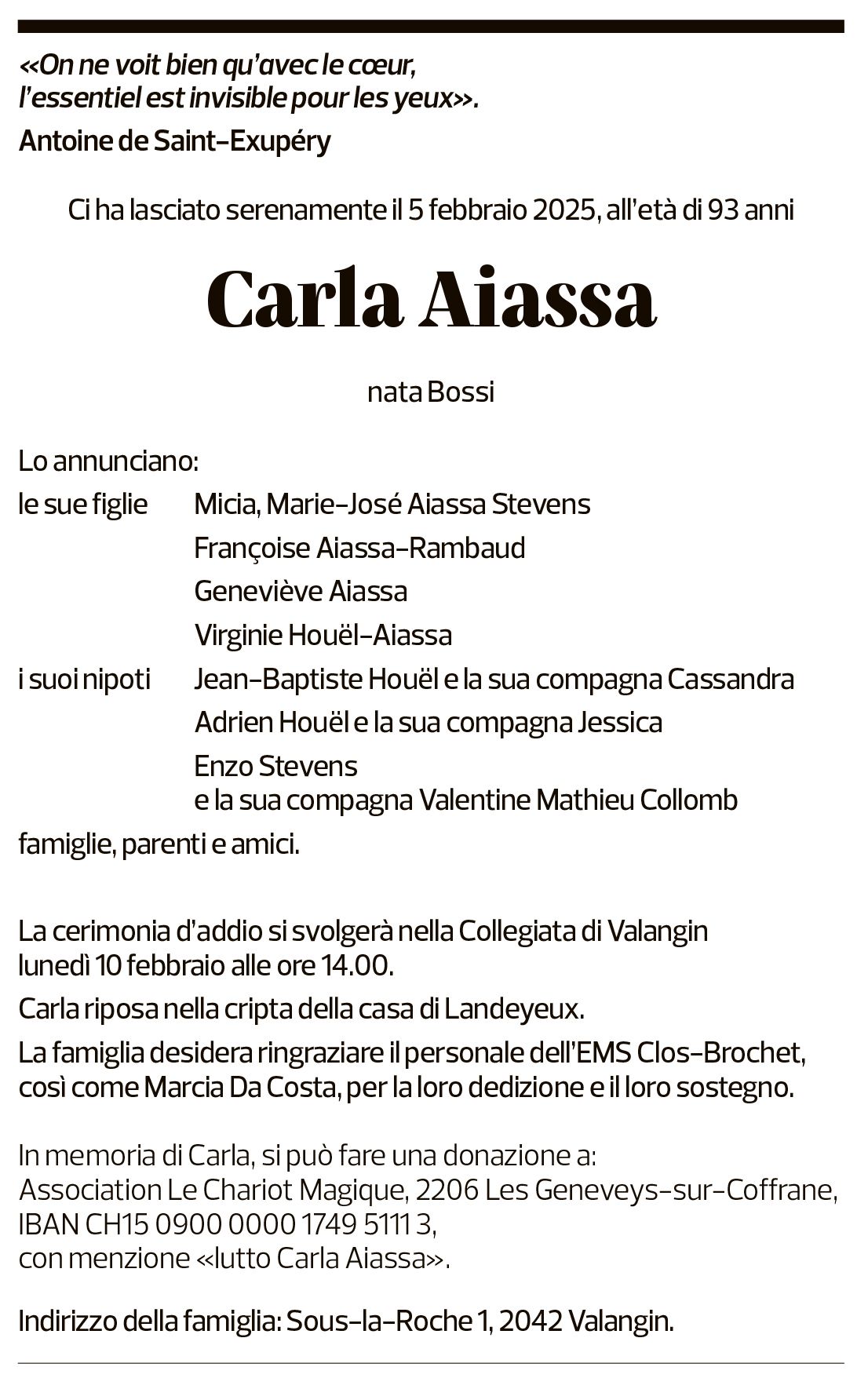 Annuncio funebre Carla Aissa