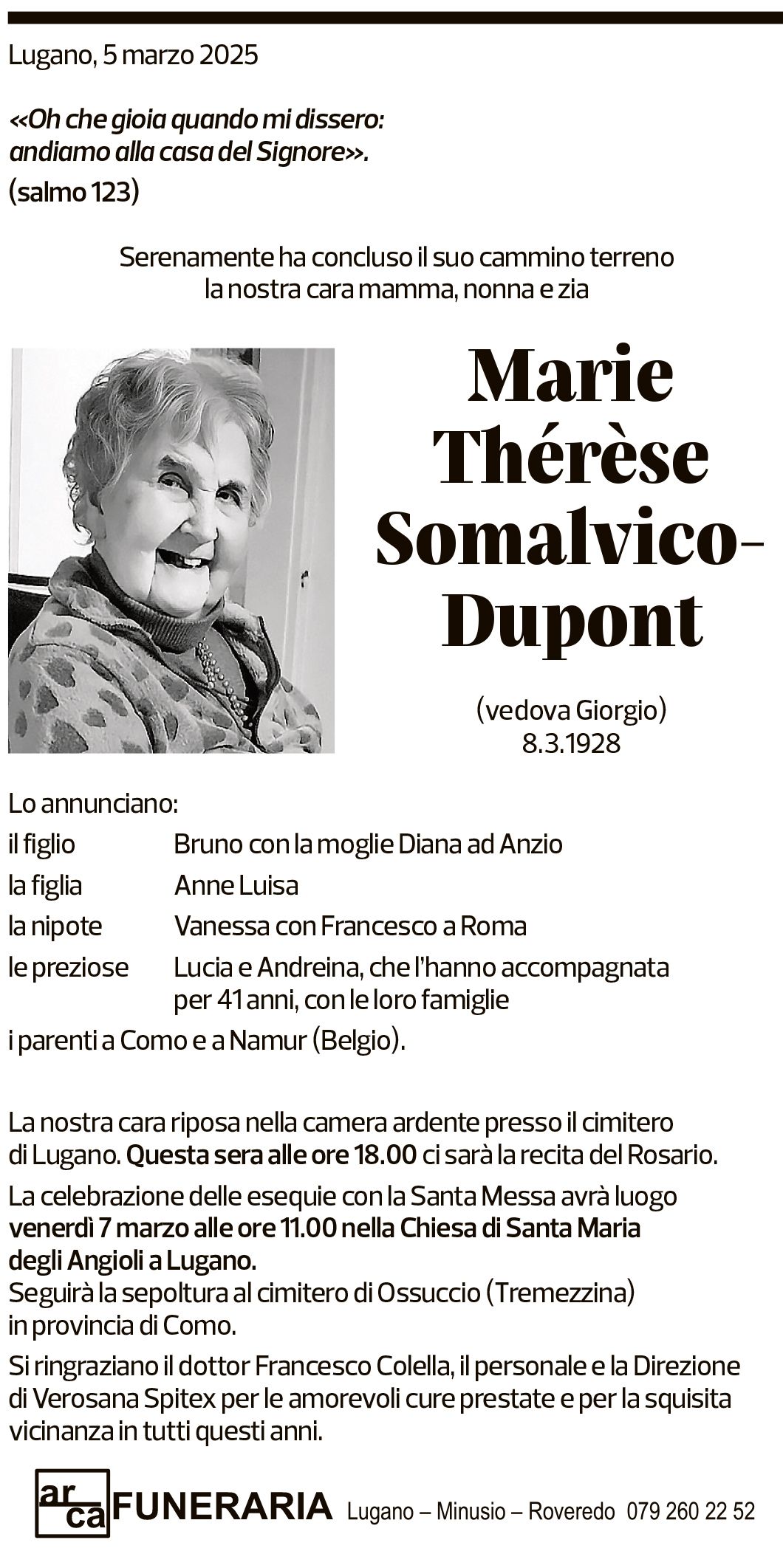 Annuncio funebre Marie Thérèse Somalvico-dupont