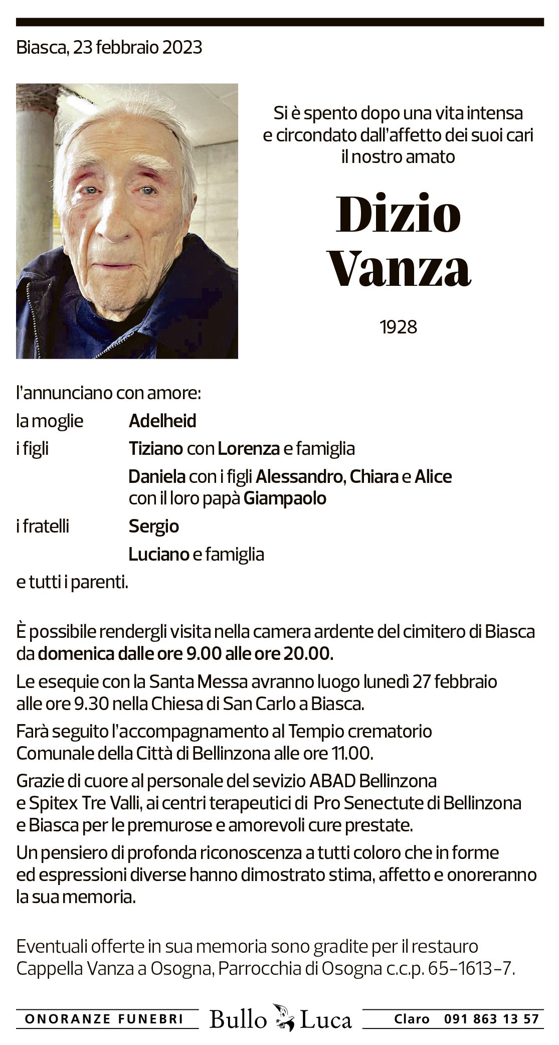 Annuncio funebre Dizio Vanza