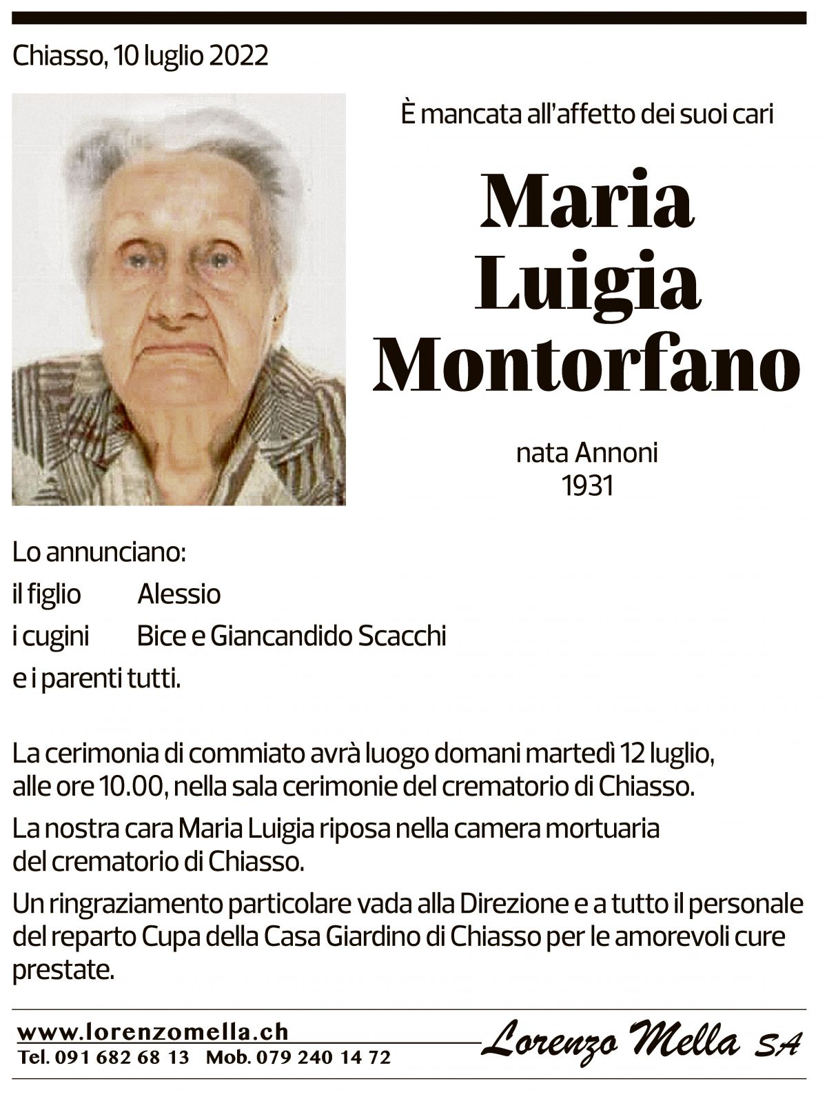 Annuncio funebre Maria Luigia Montorfano